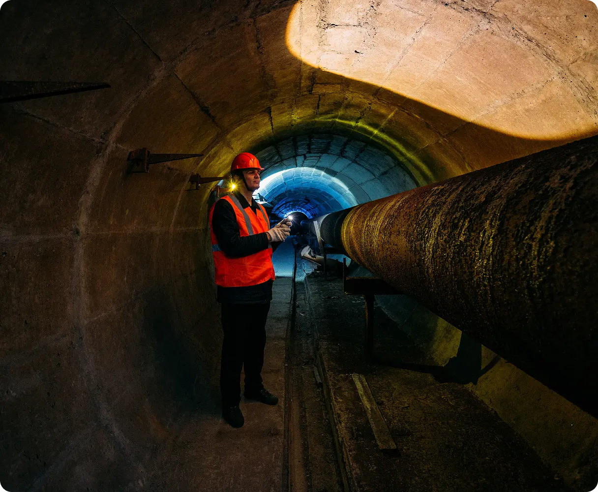 Worker inspecting a large pipe inside a tunnel.