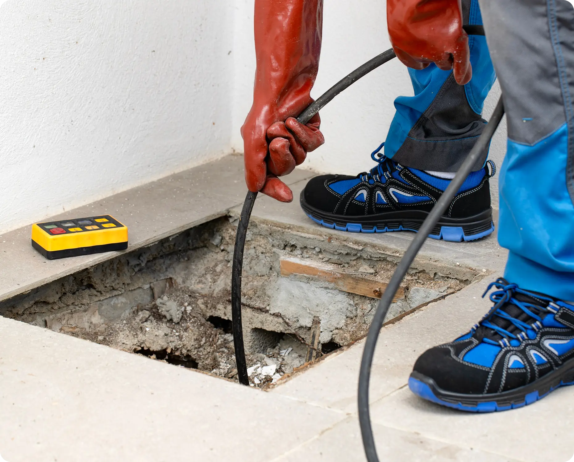 Worker repairing underground cables through a floor opening.