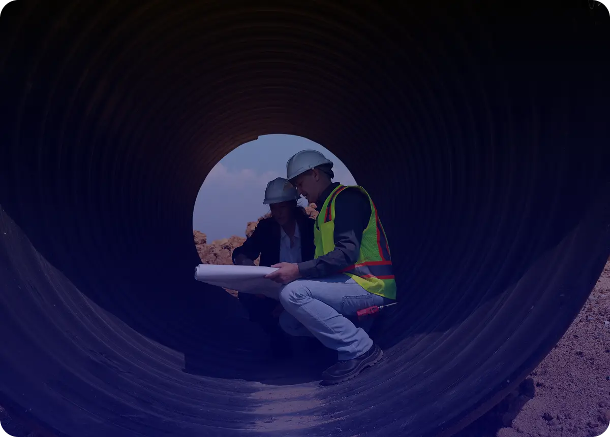 Worker in safety gear inside a large pipe, inspecting or working.