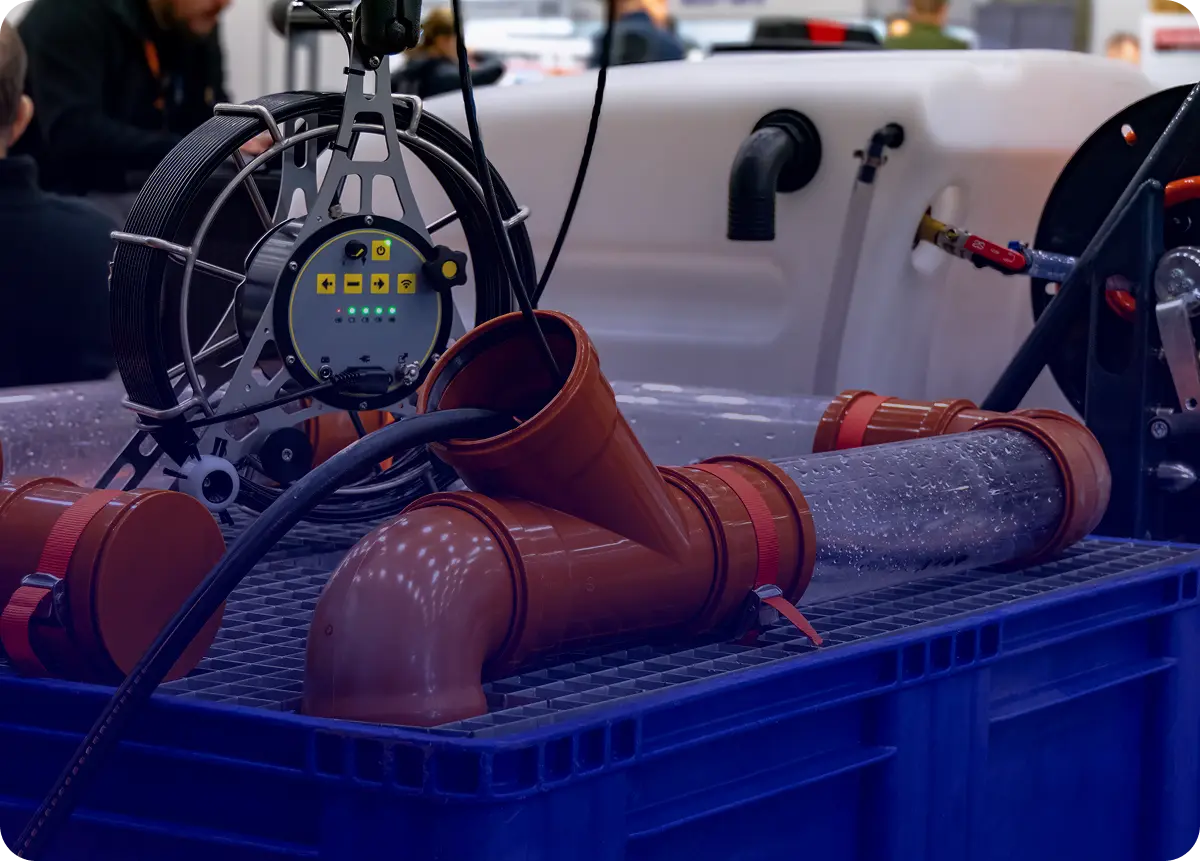 Industrial pipes and machinery parts in a blue crate on a workbench.