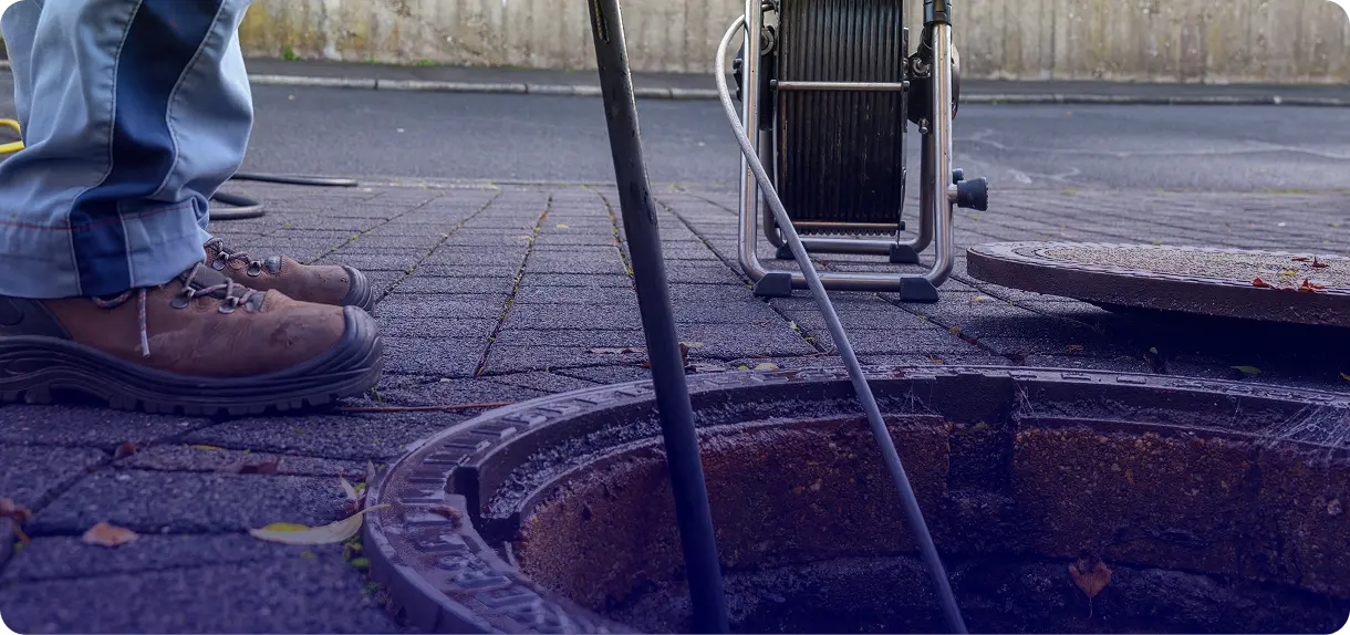 Manhole cover lifted with cables inserted inside on a street.